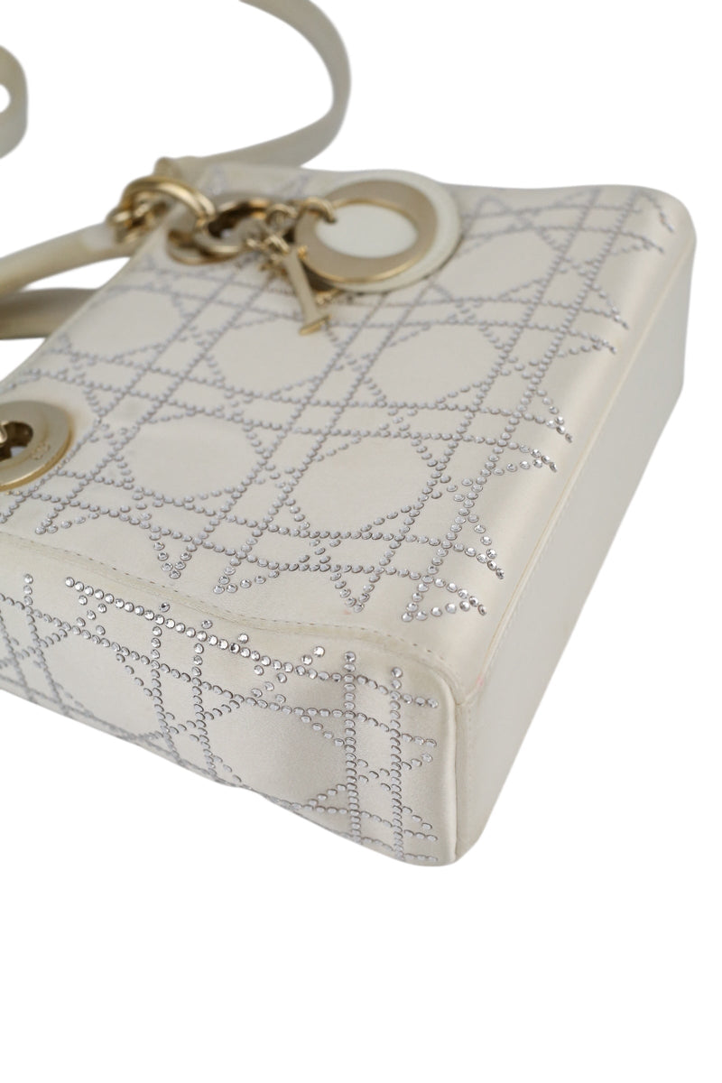 Dior Off White Satin Rhinestone Lady Dior Mini