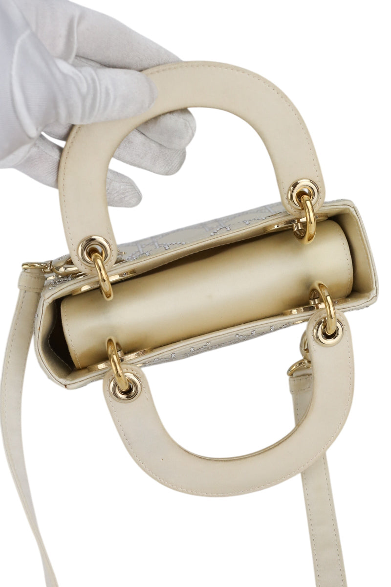 Dior Off White Satin Rhinestone Lady Dior Mini