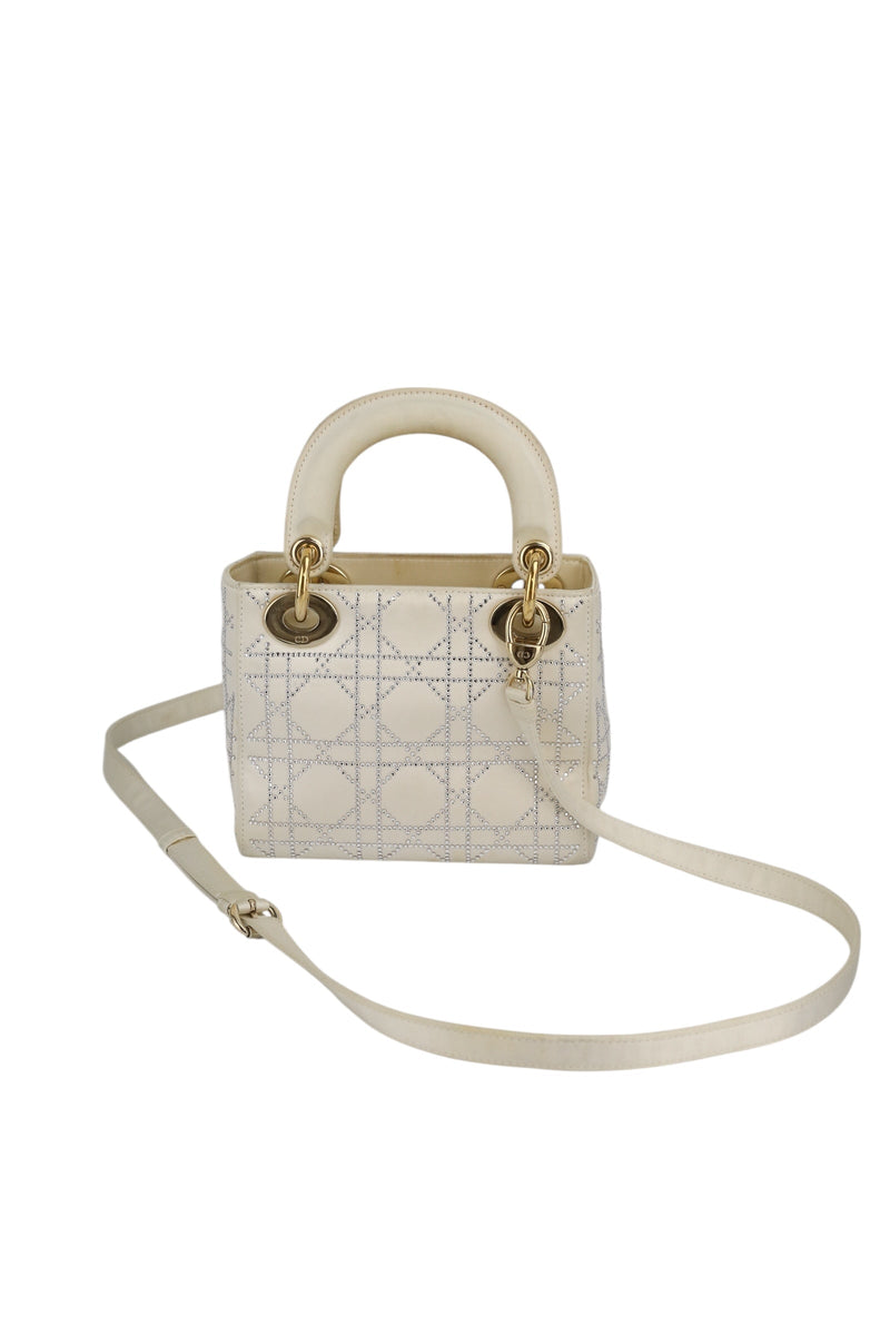 Dior Off White Satin Rhinestone Lady Dior Mini