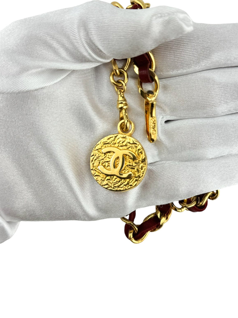 Chanel Vintage 24K Gold Plated Chain and Red Leather Medallion Belt