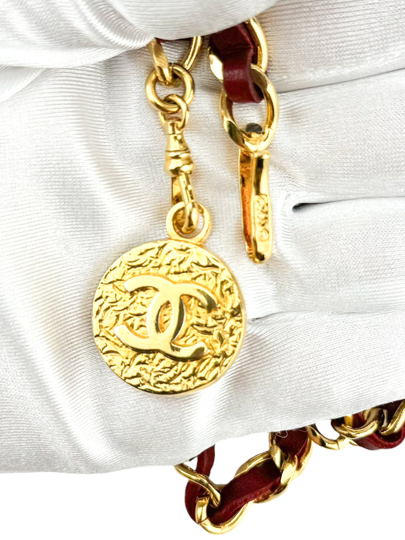 Chanel Vintage 24K Gold Plated Chain and Red Leather Medallion Belt