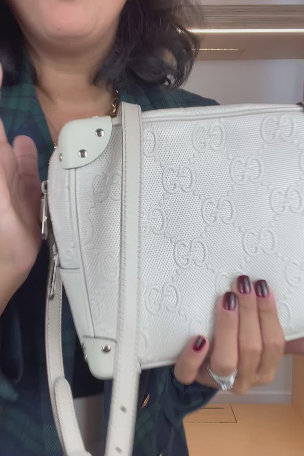 Gucci Mystic White Calfskin GG Tennis Embossed Square Messenger