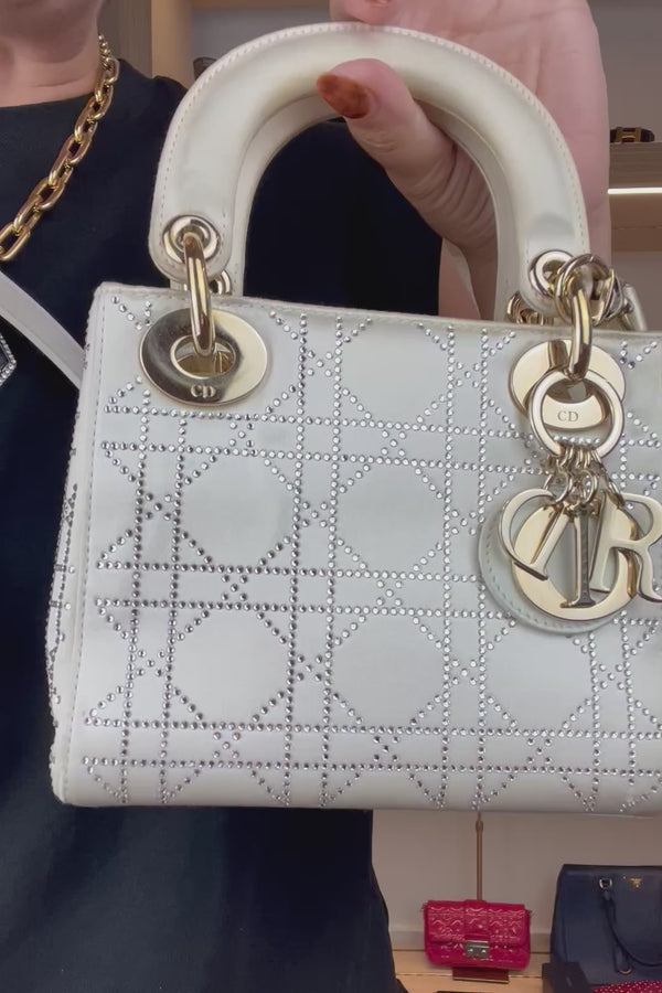Dior Off White Satin Rhinestone Lady Dior Mini