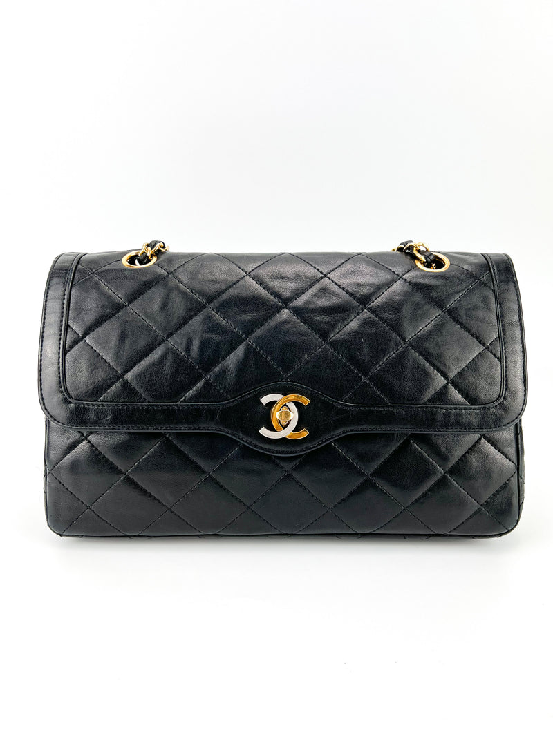 Chanel Vintage Black Quilted Lambskin Dual Tone Double Flap
