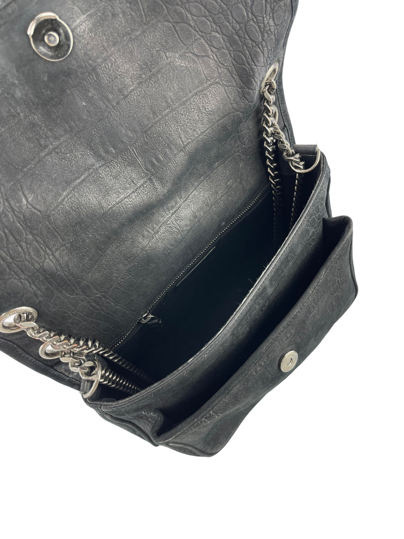Saint Laurent Black Embossed Croc Niki Medium Flap Bag