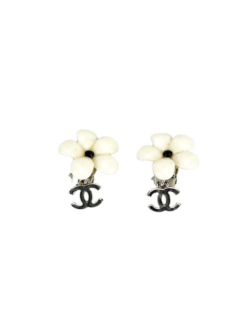 Chanel White Enamel Camilla CC Earrings
