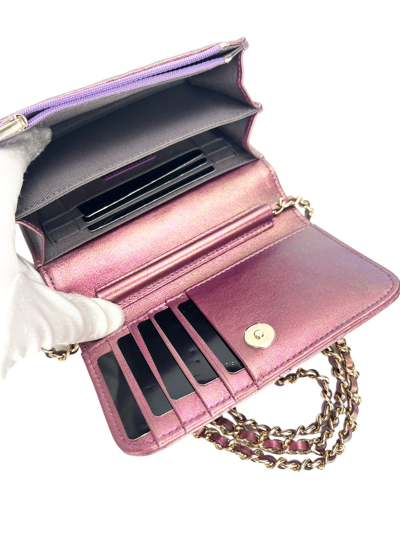 Chanel Mini Iridescent Pink Quilted Lambskin Wallet On Chain WOC