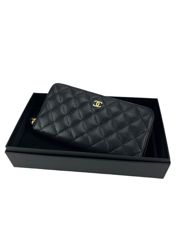 Chanel Black Quilted Caviar Long Zippy Wallet (FULL SET)