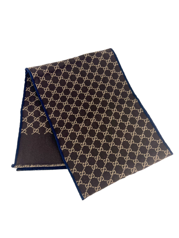 Gucci Navy Blue Reversible Wool Silk Scarf (FULL SET)