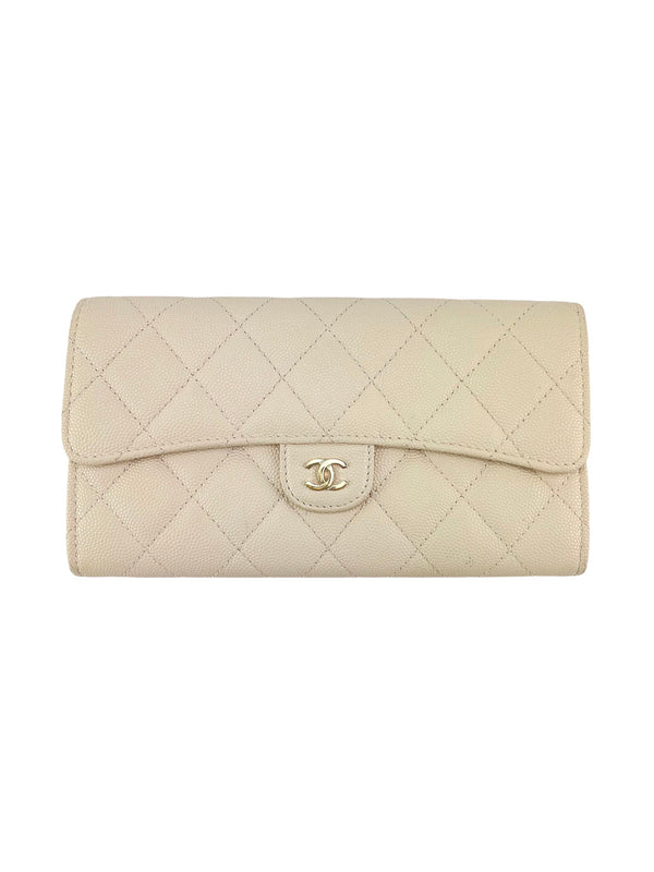 Chanel Cream Quilted Caviar Long Wallet (FULL SET)