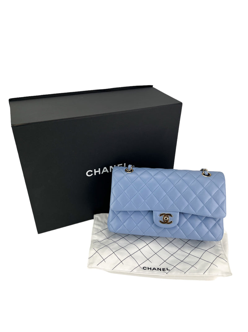 Chanel Medium Light Blue Quilted Lambskin Double Flap (FULL SET)