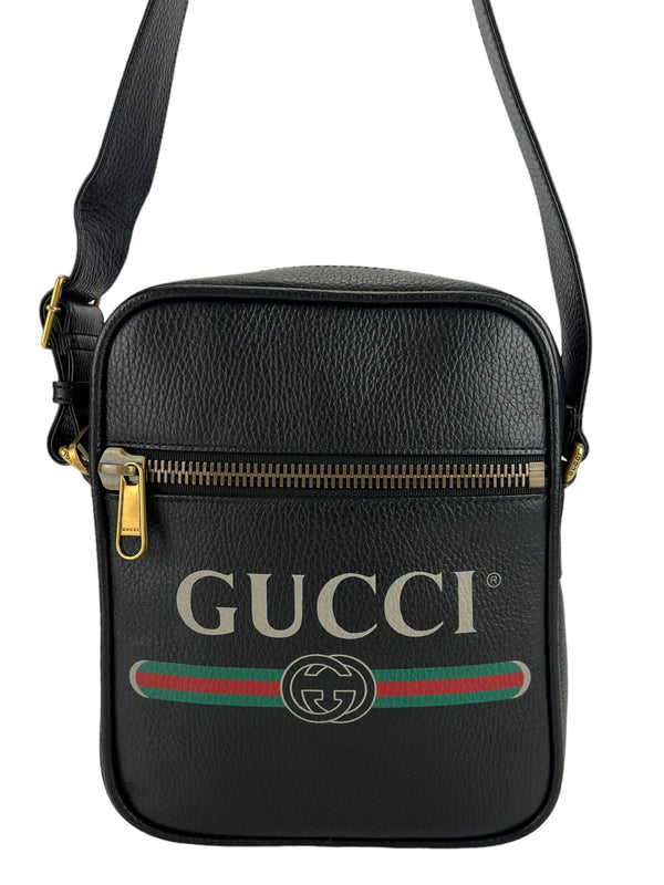 Gucci Black Logo Printed Zip Messenger Bag (FULL SET)