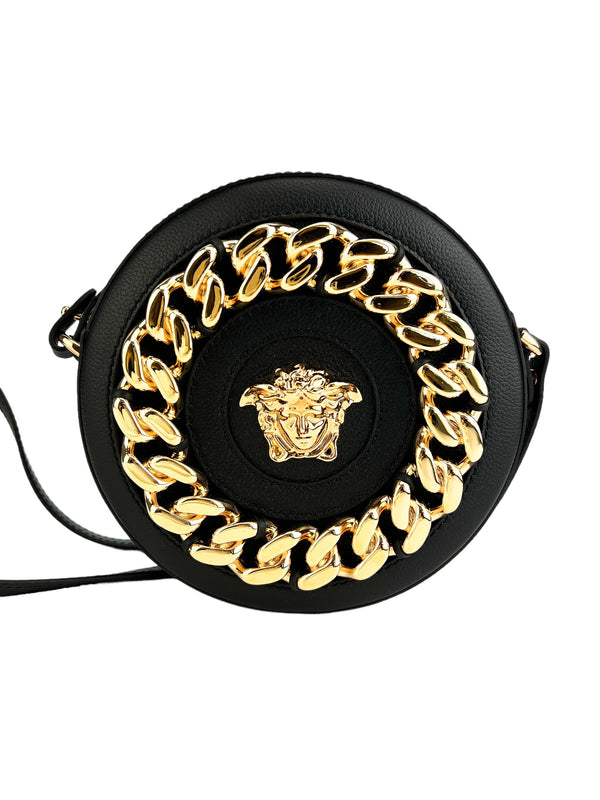 Versace La Medusa Round Black Leather Disco Bag