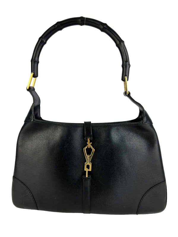 Gucci Vintage Black Leather Jackie Bamboo Top Handle