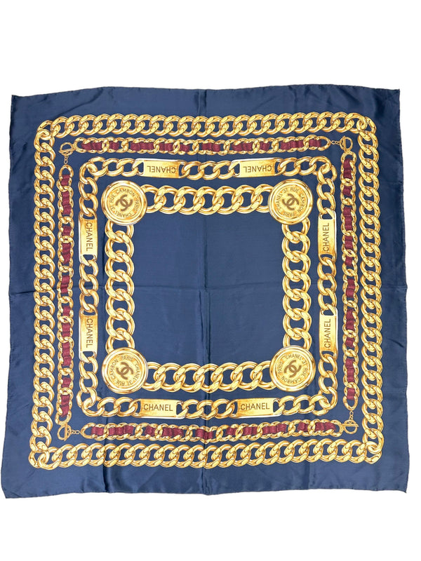 Chanel Vintage Navy and Gold Belt Chain Print Silk Scarf